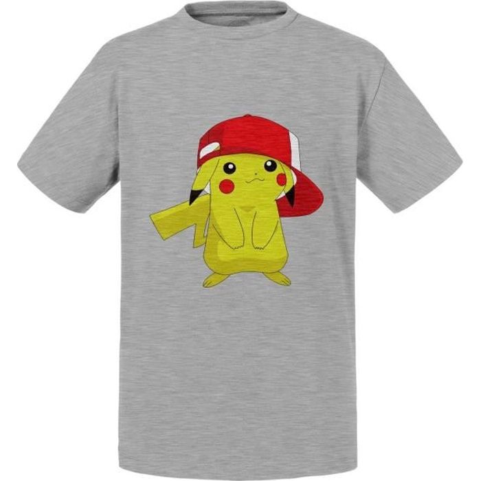 T-shirt Enfant Gris Pokemon Pikachu Casquette Sacha Mignon Swag