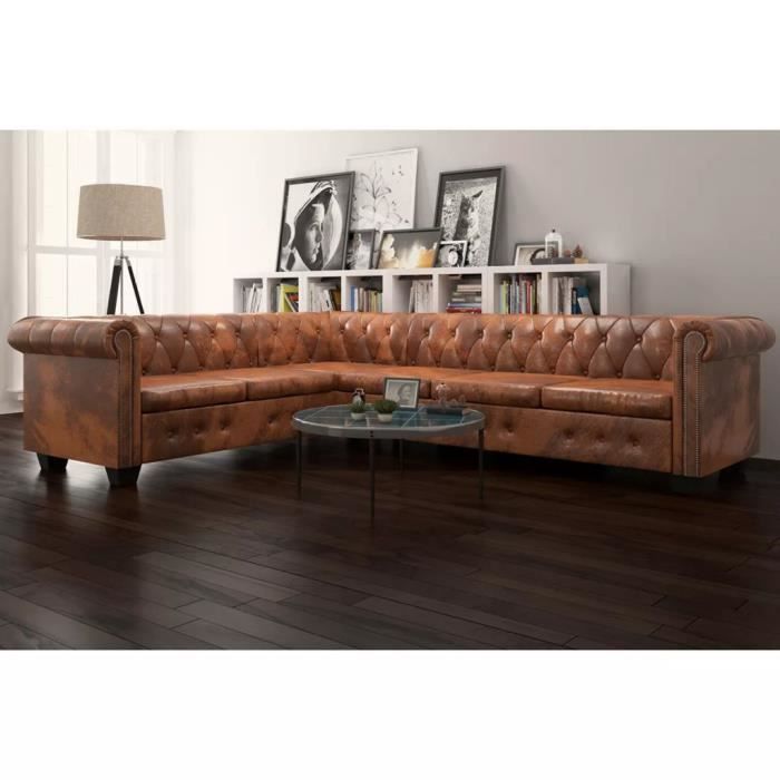 Luxe Canape D Angle Chesterfield 6 Places Cuir Artificiel Marron
