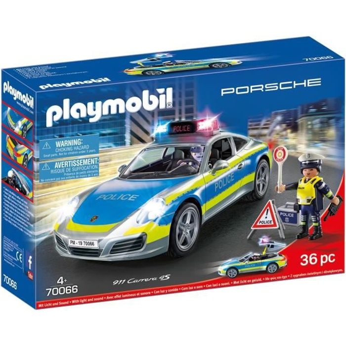 PLAYMOBIL - Porsche 911 Carrera 4S Police - 2 policiers et accessoires - Effets sonores et lumineux