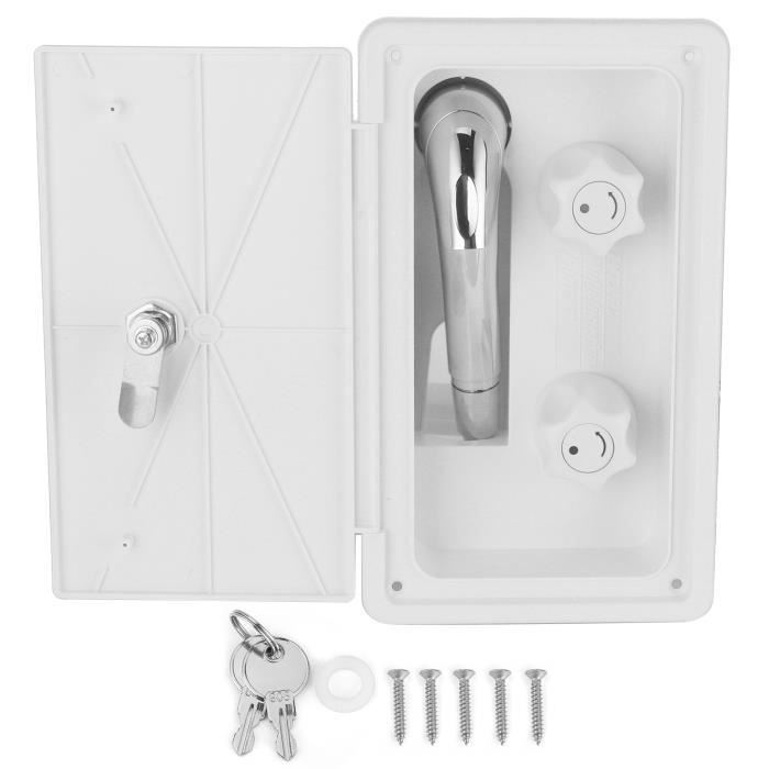 Douche Extérieure Camping-Car Blanche – Kit Complet Avec Eau Chaude/Froide, Serrure Sécurité, Pommeau & Tuyau 1.5m