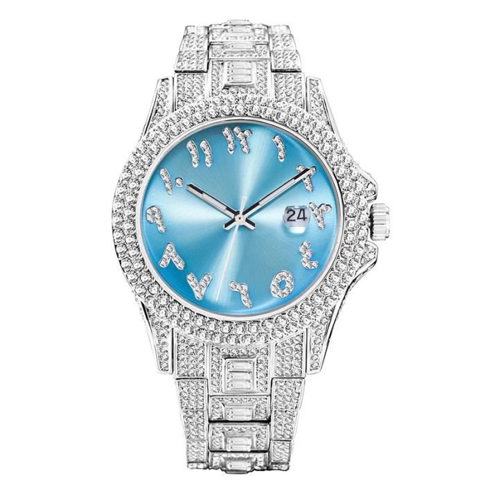 Montre homme de marque de luxe hip hop diamant étanche calendrier bracelet en acier inoxydable argent bleu mode