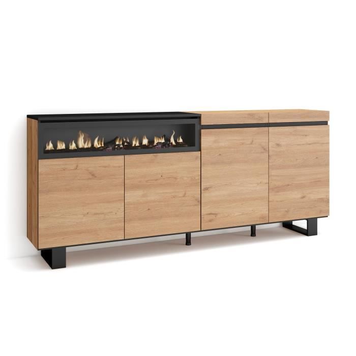 Buffet Bahut Enfilade 200x35x87cm 4 Portes feu électrique Chêne et noir RF2311 Buffet Bahut Enfilade 200x35x87cm 4 Portes feu électrique Chêne et noir RF2311