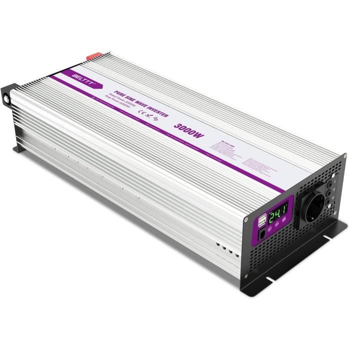 Convertisseur Pur Sinus 3000W 24V/220V CARRYBATT - 2 Prises EU + USB, Télécommande, Pour Camping-car