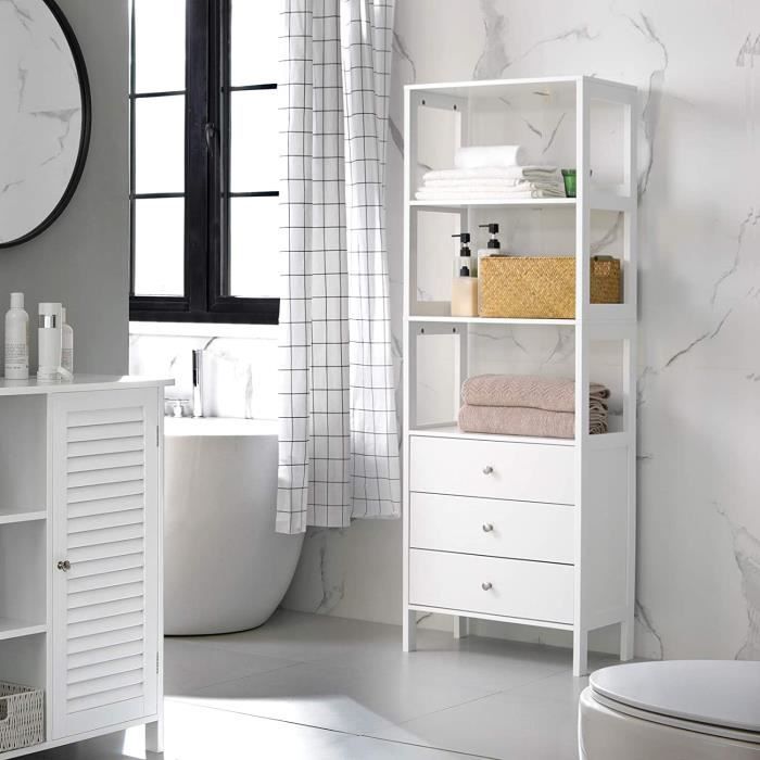 Vasagle Meuble De Salle De Bain Etagere En Hauteur Armoire Haute Tour Avec 3 Tiroirs Et 3 Compartiments Ouverts Blanc Mat Bbc163w01 Cdiscount Maison