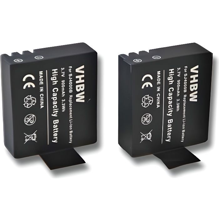 2 x batteries vhbw Li-Ion Set 900mAh (3.7V) pour caméra vidéo, caméra de sport, caméscope Tronsmart SJ4000, SJ5000, Tronsport SJ4000