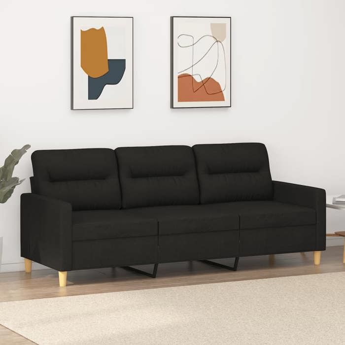 Canapé 3 Places En Velours Noir - Design Moderne, Accoudoirs Et Dossier Rembourrés, Avec 2 Coussins Décoratifs