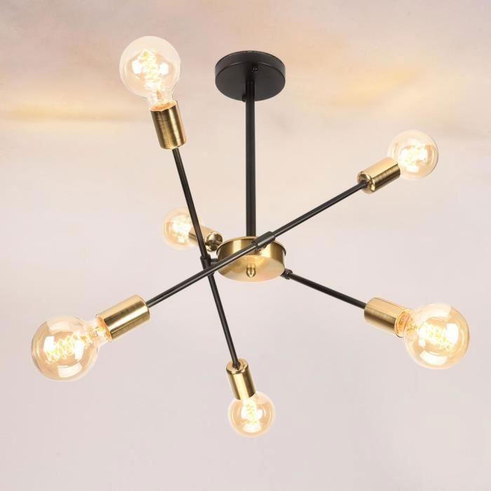 WOTTES Plafonnier Lustre LED 6x E27 Douille Lampe Vintage Rétro Luminaire Salle à Manger Chambre Noir et Cuivre