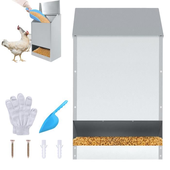 Comparer les prix de Mangeoire automatique pour poules - XMTECH - Acier galvanisé - 23 kg - Anti Nuisible Imperméable - Argent
