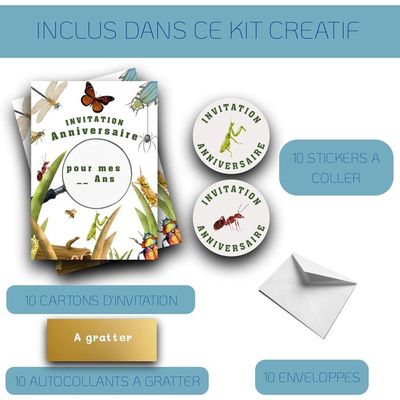 Kit 10 Cartes Invitation Anniversaire à Gratter Enfants – Thème Insectes – RXLITE Premium Avec Enveloppes, Stickers & Dorés