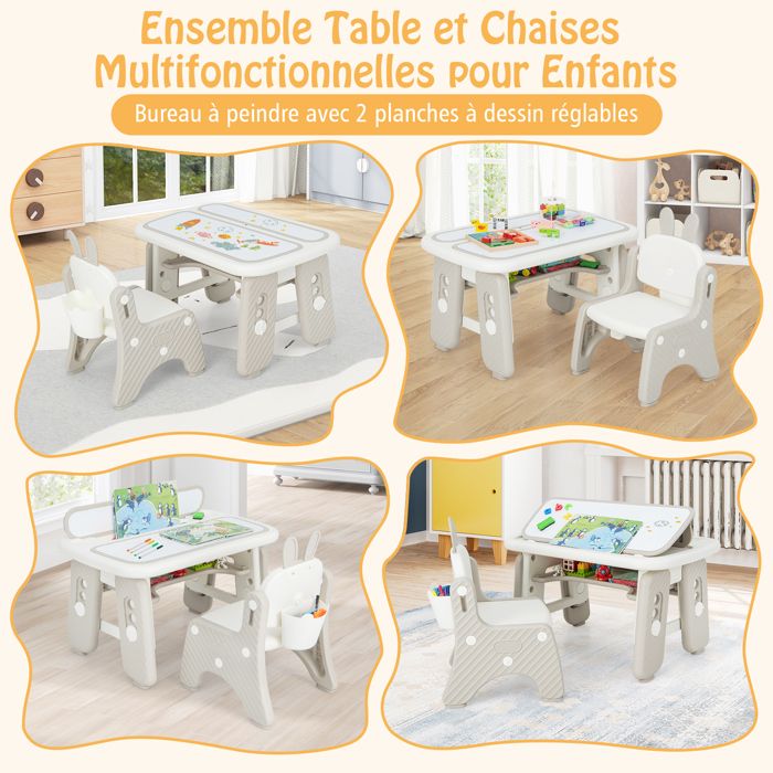 COSTWAY Table Enfant avec 4 Chaises Empilables, Table de Dessin en Bois avec Tableau Noir en Forme Fleur, Espace de Rangment Intégré, Table d'Activité Ronde pour Salle de Jeux Chambre d'Enfant (Blanc