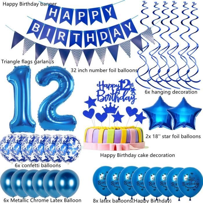 Decoration Anniversaire 12 Ans Garçon, Bleu Ballons Anniversaire Garçon 12  Ans, Ballons Anniversaire Garçon Happy Birthday D[J6346] - Cdiscount Maison
