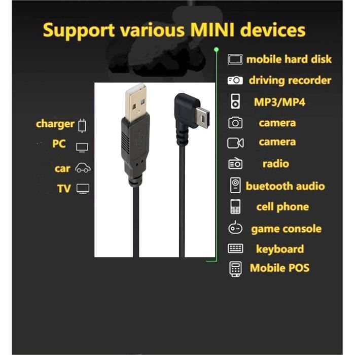 Câble mini USB d'angle 90 degrés Mini 5 broches USB B mâle à USB 2.0 ...
