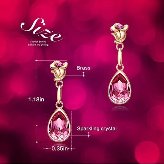 Boucles D'oreilles Pendantes Or Jaune 18K 750 - Cristaux Roses, Neuf Avec étiquettes