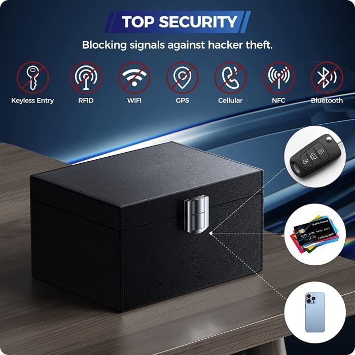 Boîte Anti RFID Faraday + 2 Pochettes - Protection Contre Le Piratage De Clés De Voiture - 17x12,3x9,3cm - Bloque Signaux Bluetooth/WiFi/GPS