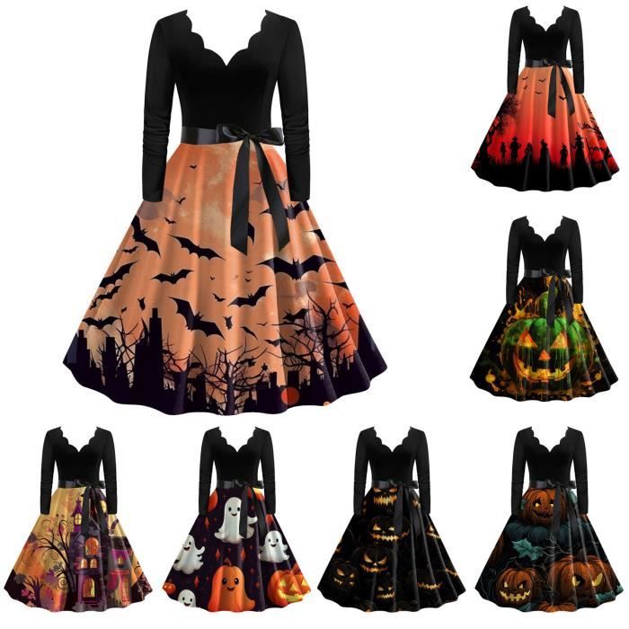 Robe Halloween Femme – Imprimé Citrouille, Manches Courtes, Jupe Ample – Style Vintage, Cocktail, Déguisement – Tailles S à 2XL