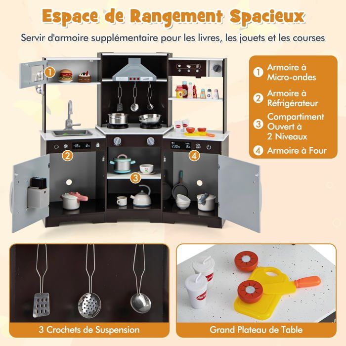 Cuisine En Bois Pour Enfants Avec Machine à Glaces, Lumières, Sons – Set De Jeu 92 Cm, Rose, Cadeau Fille 3 Ans Et Plus