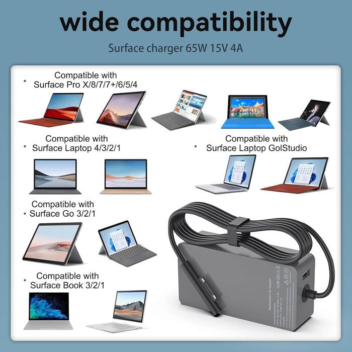 Port Usb Chargeur Surface Chargeur 65W Pour Microsoft Surface Pro - Compatible Surface 8/7/6/5/4/3, Laptop, Book Et Go Adaptateur Microsoft Surface