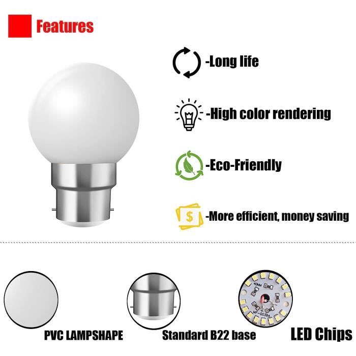 HUAMu Ampoules baïonnette B22 - Paquet de 10 ampoule LED Feston 2 W  (équivalent 20W), ampoule écoénergétique écoénergétique colorée Couleur,  petites ampoules de Noël BC Cap : : Luminaires et Éclairage