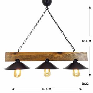 Luminaire Suspendu Industriel à 3 Spots - Bois Naturel Et Noir Mat, Spots Pivotants E27 Max 60W - Neuf