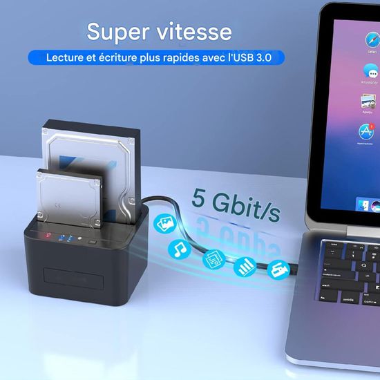 RSHTECH Double Baie Pour Disques Durs, Station D'accueil Pour Disque Dur USB 3.0 En Aluminium, Clonage Hors Ligne Pour Disque Dur SSD SATA 2.5 Et 3.5 Pouces, Soutiens 2 X 16TB Disques