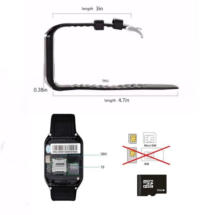 Bluetooth montre Smart Watch Phone DZ09 support de la carte SIM de TF Camera HD Sync appel SMS pour Android Phone Noir