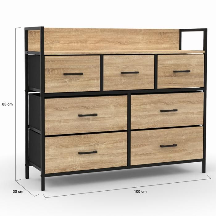 Commode 7 Tiroirs En Tissu Style Rustique - Meuble Rangement 100x30x78cm Pour Chambre, Salon, Bureau - 13