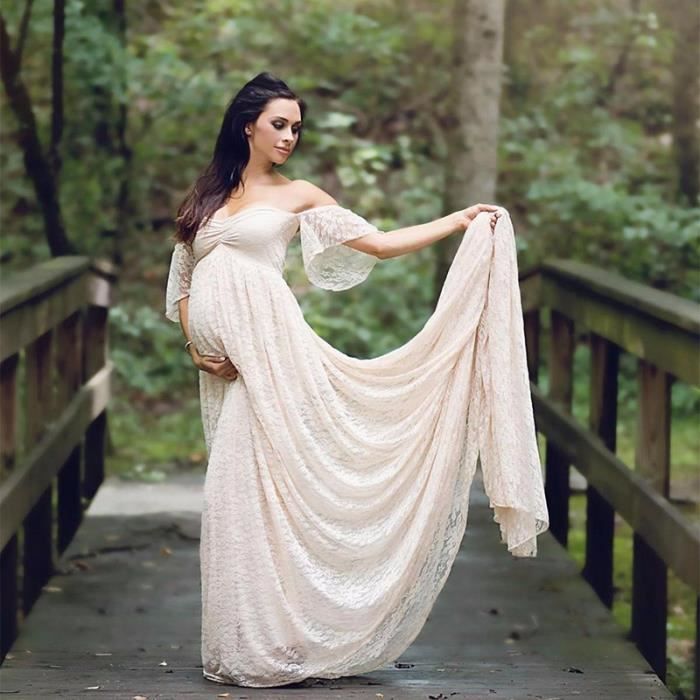 Bleu Ciel Robe De Maternite Longue Tenue De Grossesse En Dentelle Taille Maxi Vetement Ideal Pour Les Photographies