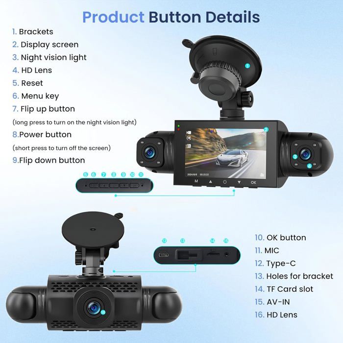 Camera Voiture Enregistreur Jour Et Nuit Rétroviseur & Caméra De Recul Avec GPS, Vision Nocturne, G-Capteur, Enregistrement En Boucle, Aide Au Carplay Sans Fil