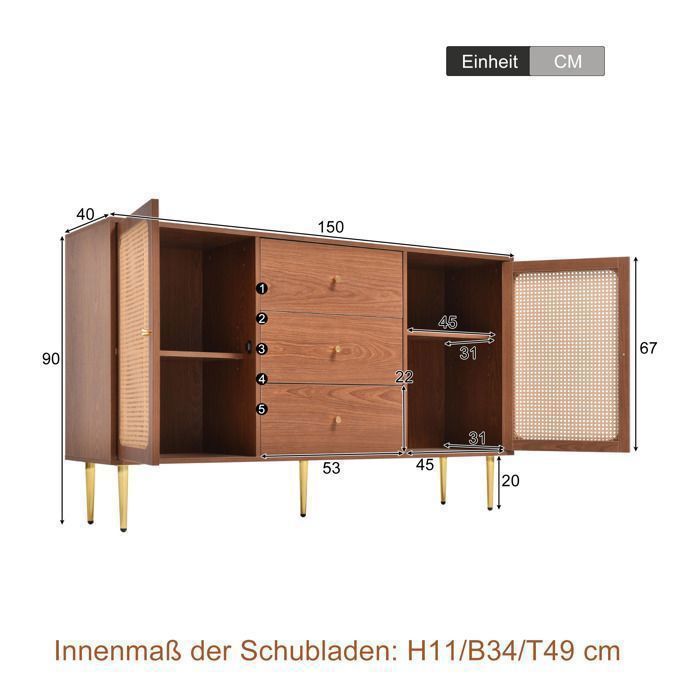UEV Buffet Bas 2 Portes Blanc - Armoire Rangement Avec Étagère Réglable, Pieds Et Poignées Dorées, 80x40x77,5 Cm
