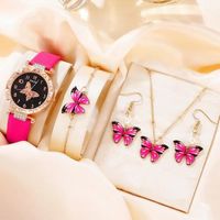 Ensemble 5 pcs Montre luxe femme parure Rose Papillon bijoux collier bracelet boucle d oreilles cadeau idéal