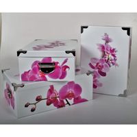 3 Grandes Boites de Rangement - Carton Impr. Orchidée Rose/Blanc Angles/Poignées Métal. 38x26.5x14-40x28.5x15-42x30x16 cm