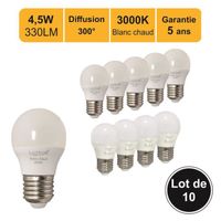 Lot de 10 ampoules LED sphérique E27 4,5W 330Lm 3000K - garantie 5 ans