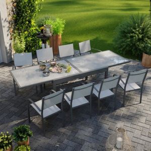 Ensemble table et chaise de jardin Table de jardin extensible aluminium 270cm + 8 fauteuils empilables textilène anthracite gris - LIO