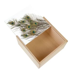 Boîte cadeau Boite Coffret en Bois - Plumes de Paon Oiseau  (11 x 11 x 3,5 cm)