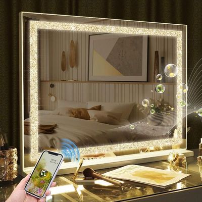 FENCHILIN Miroir Coiffeuse Miroir Hollywood 58x46cm Barre lumineuse RGB Miroir de maquillage avec gradation 3 couleurs Miroir tactile intelligent pour bureau Fixation murale Verre trempé blanc