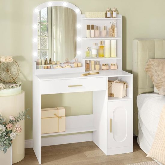 HEXCELEN Coiffeuse avec Miroir Ovale, Coiffeuse avec Miroir LED, Luminosité Réglable, Table de Maquillage avec Tiroir, Armoire et Étagères Ouverts, pour Chambre à Coucher, Blanc HEXCELEN Coiffeuse avec Miroir Ovale, Coiffeuse avec Miroir LED, Luminosité Réglable, Table de Maquillage avec Tiroir, Armoire et Étagères Ouverts, pour Chambre à Coucher, Blanc