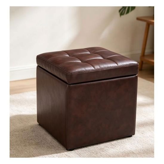 Pouf Rangement Cuir PU 40x40x40cm - Tabouret Coffre Assise - 150kg Charge - Marron