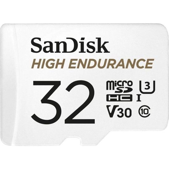 SanDisk - Carte microSDHC haute endurante pr la vidéosurveillance + Adaptateur SD, 32 Go, 100Mo/s  lecture 40Mo/s écriture, U3, V30