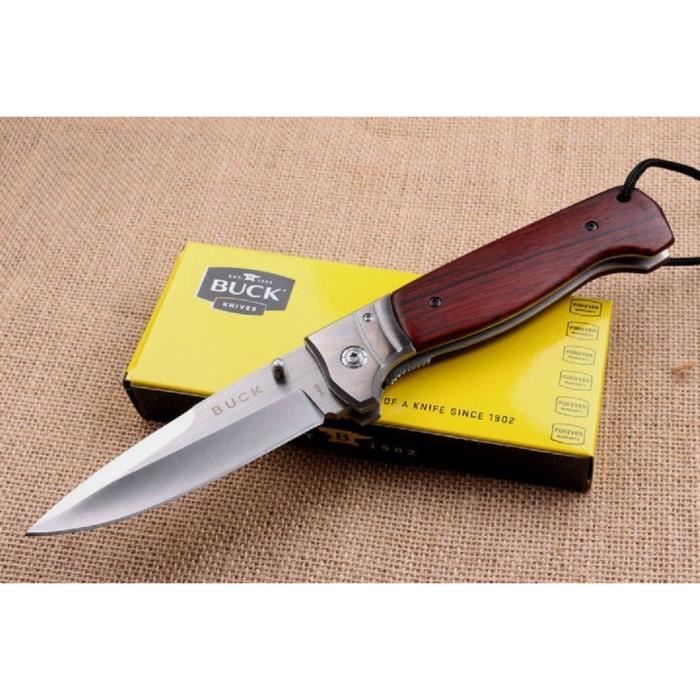 Grand Couteau Massif -Buck- Lame Acier Chromé Manche Bois 15 Cm Lanière - LaPetiteCaverne