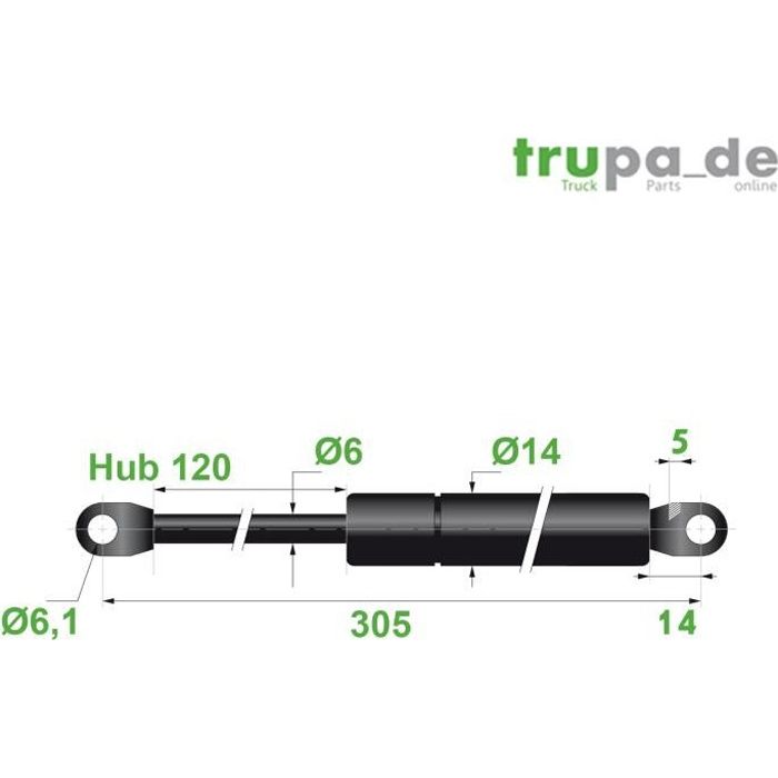 Ressort Vérin à gaz en acier Ø6mm - force 150N - course 120mm