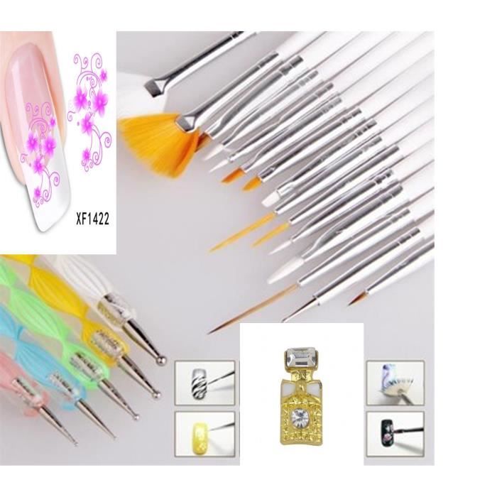 Kit 20 pinceaux Dotting Tool pour nail art ongle + 1 PETIT STRASS MOTIF BOUTEILLE + 1 FEUILLE STICKERS FLEUR ROSE