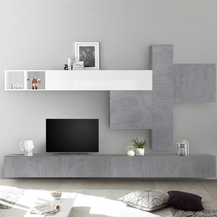 Mur TV design gris béton et blanc laqué OSTERIA Gris L 275 x P 30 x H 200 cm