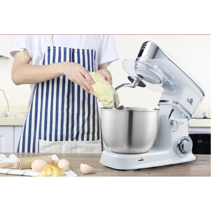 Robot Pâtissier, Robot Pétrin Multifonction, Robot de Cuisine Professionnel 1000W avec Fouet, Batteur et Crochet, Bol en Acier 5L,6