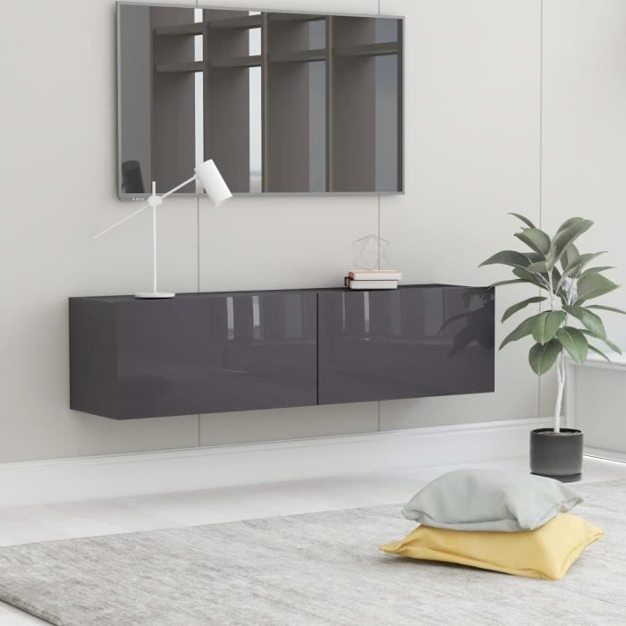 Meuble TV Mural Design Tendance Contemporain - Avec 2 Portes Abattantes - Gris brillant Aggloméré - 120x30x30 cm