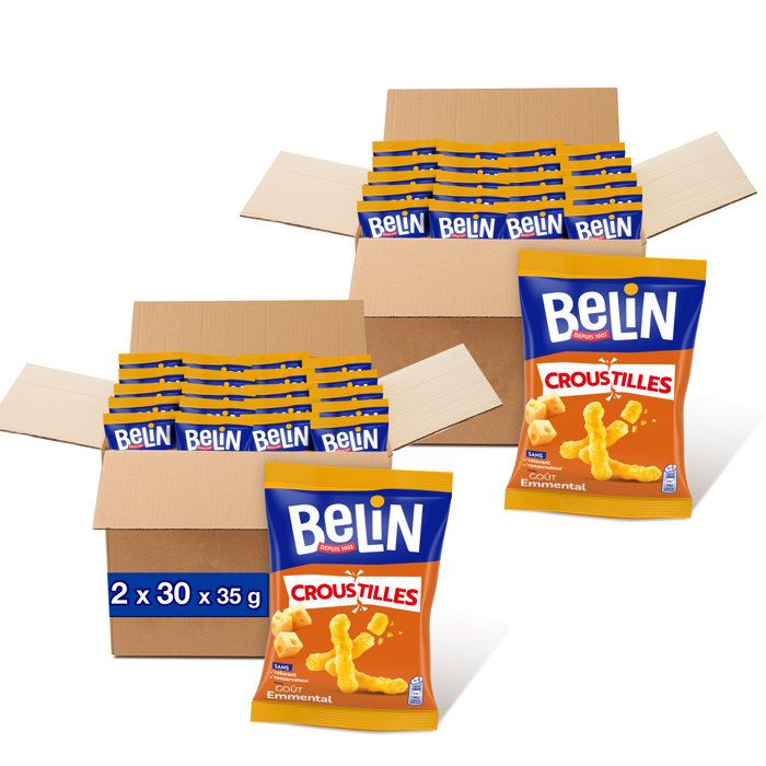 Belin - Biscuit apéritif Croustilles Fromage - Goût Emmental - Format Pocket facile à emporter - 2 Packs de 30 sachets de 35g