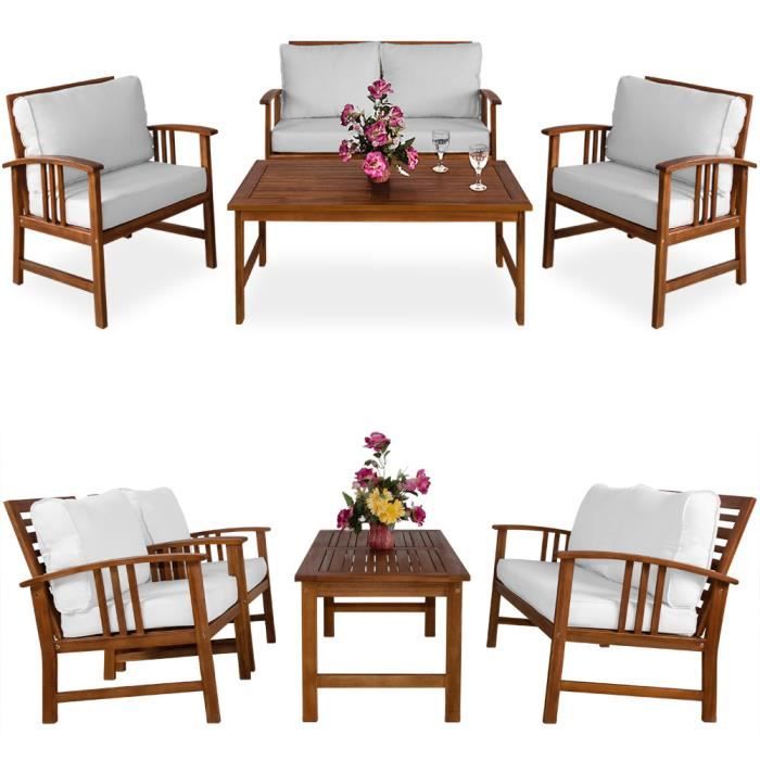 Deuba - Salon de jardin ATLAS • en Bois d´acacia • coussins crème - Ensemble table et chaise de jardin, mobilier, terrasse