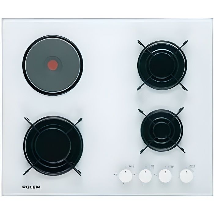 Plaque de cuisson gaz 60 cm - 3 foyers gaz + 1 foyer électrique - Surface en verre - coloris blanc
