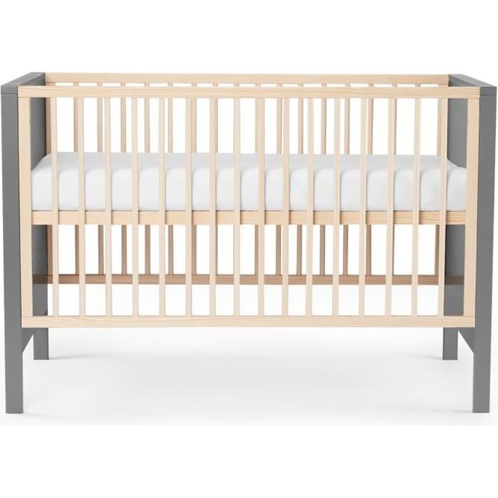 Kinderkraft Lit Bébé en Bois MIA, Réglables en Hauteur, Couchage 120 x 60 cm, Gris