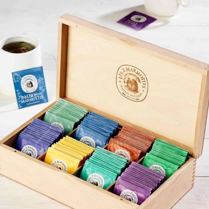 Les 2 Marmottes - Coffret -Sélection en Bois du Jura- - dégustation Infusions 120 Sachets - Made In France - Sans arômes ajoutés
