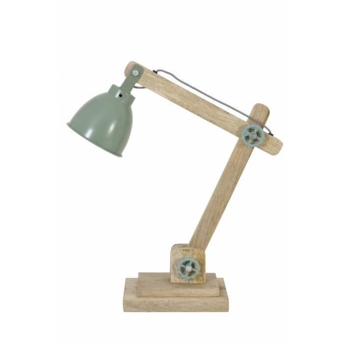 Lampe ELMER Electrique de Bureau à Poser Luminaire de Table Vintage Jour en Bois et Métal 15x45x50cm Vert